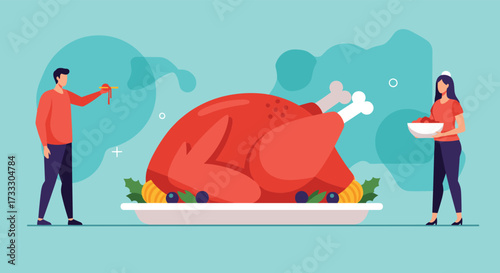 A festive roasted turkey centerpiece for a celebratory meal with loved ones. The main dish is adorned with fresh vegetables, awaiting carving and serving to guests who gather around.