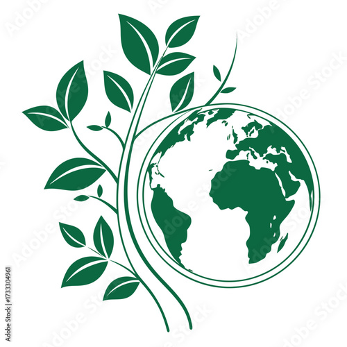 Green leaves and branches growing around a stylized green globe representing environmental protection and sustainability