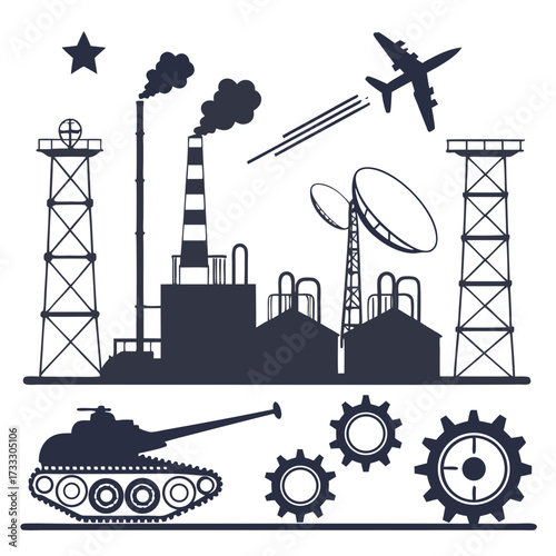 Industrial complex with factory smokestacks communication towers airplane tank and gears