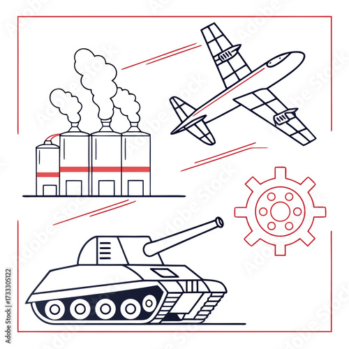 Industrial factory emitting smoke a military tank and an airplane with a gear symbol representing industry and defense