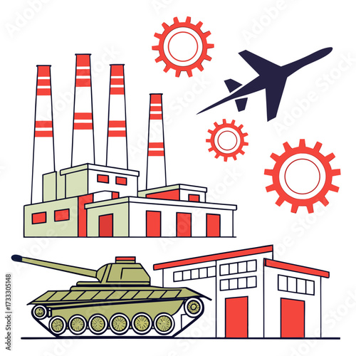Industrial manufacturing and military production with factory buildings airplane tank and gears illustration