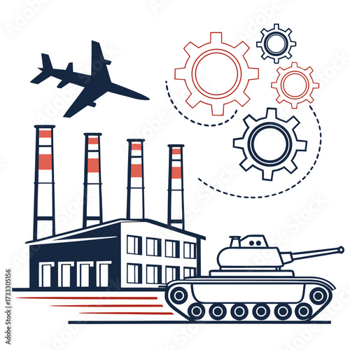 Industrial production of military aircraft and tanks with gears symbolizing manufacturing and engineering processes
