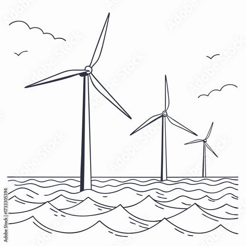 Minimalist line drawing of offshore wind turbines generating clean energy in the ocean waves