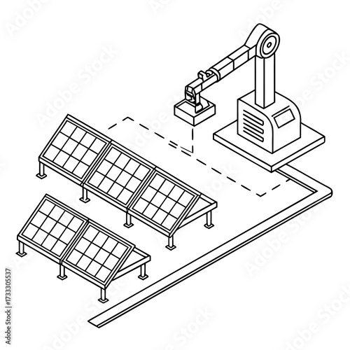 Robotic arm installing solar panels on a rooftop in an isometric line art illustration