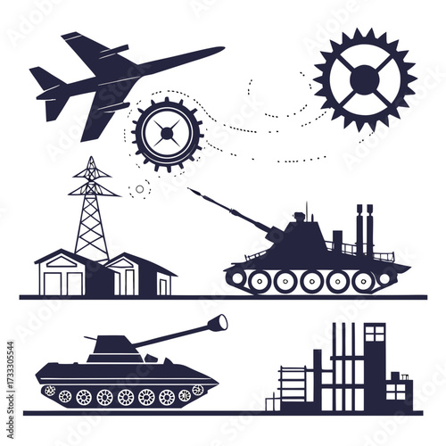 Silhouette collection of military vehicles aircraft industrial buildings and gears representing defense and industry
