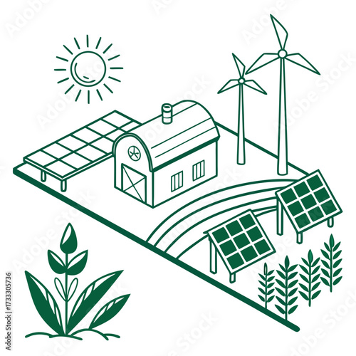 Sustainable farm with solar panels and wind turbines powered by the sun and wind