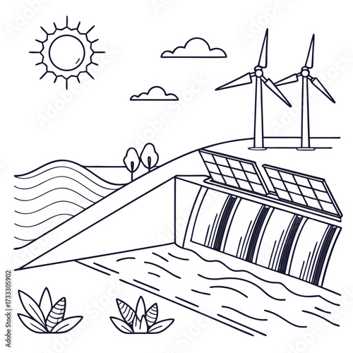 Clean energy landscape with wind turbines solar panels and a dam generating renewable power