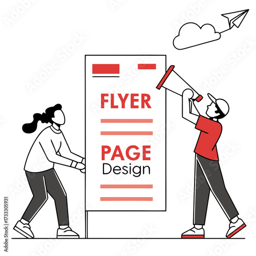 Creative team designing and promoting a flyer page with a megaphone and paper airplane