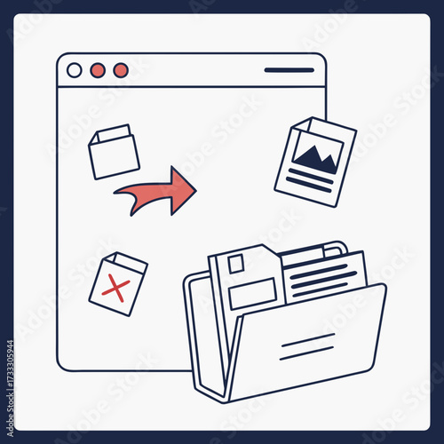 Digital file organization and management concept with documents moving into a folder via arrow