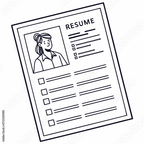Hand drawn illustration of a resume with a female profile picture and bullet points for job experience