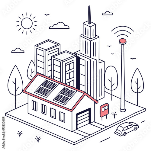 Modern smart city with solar powered house and electric car on a sunny day