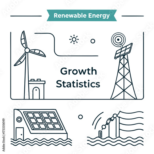 Renewable energy growth statistics illustrated with wind turbine solar panels and hydroelectric power