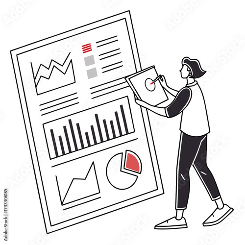 Person analyzing financial data charts and graphs on a large document with a stylus