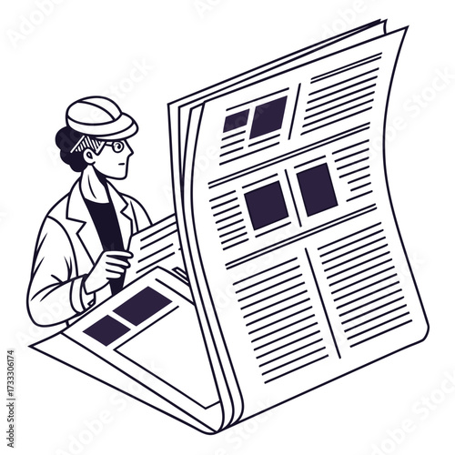 Person wearing a hat and glasses reading a large newspaper with headlines and articles