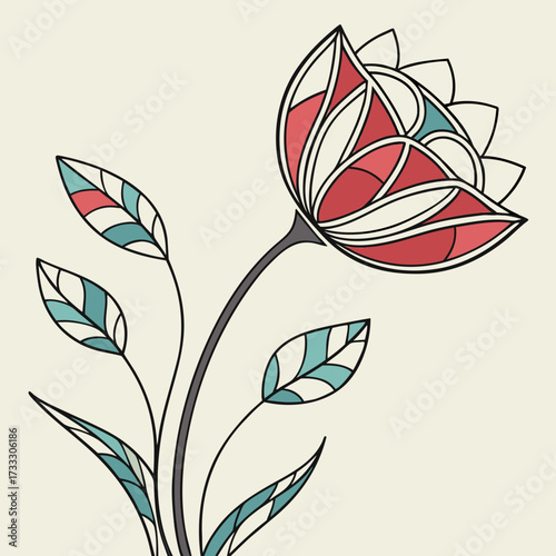 Stylized abstract flower with red teal and white petals and leaves on a cream background