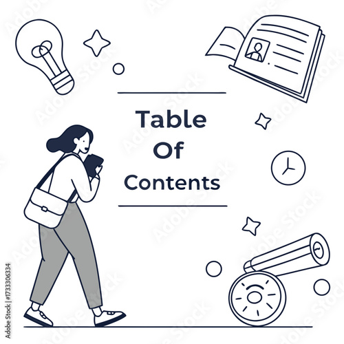 Woman with bag and phone walks past table of contents with lightbulb and telescope icons
