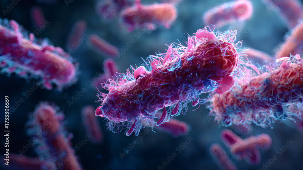 Naklejka premium Microscopic Listeria Bacteria Highlighting Foodborne Illness and Health Risks