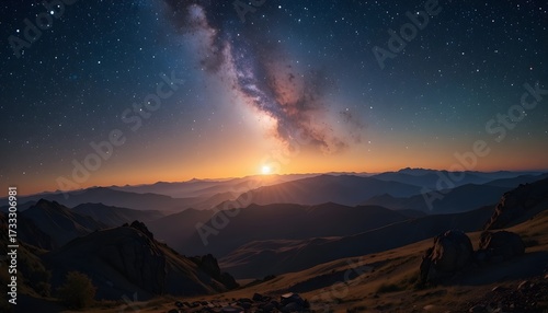 Landscape with Milky Way Galaxy and Sunrise – Earth View from Space with Stars