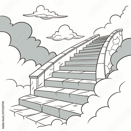 A stone staircase ascends into the clouds with a railing and a cloudy sky overhead