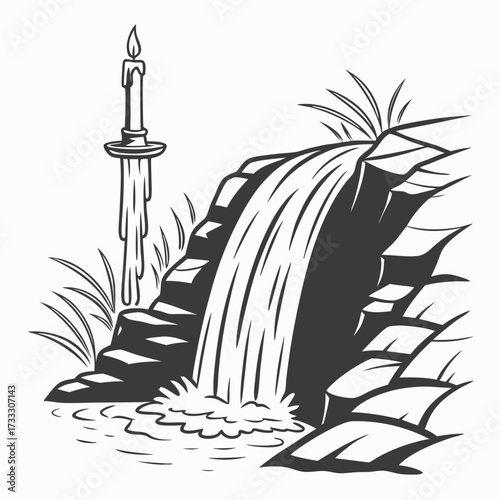 A solitary lit candle with dripping wax stands beside a cascading waterfall flowing over rocks and surrounded by grass