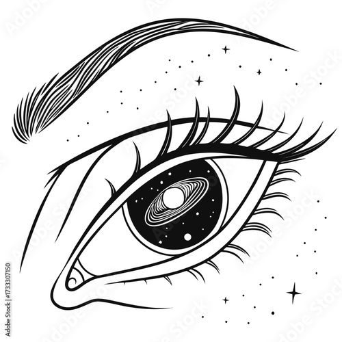 A stylized black and white illustration of an open eye reflecting a cosmic galaxy with stars and a ringed planet