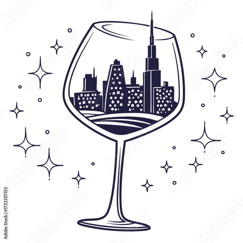 A stylized silhouette of a city skyline with sparkling stars and dots inside a wine glass