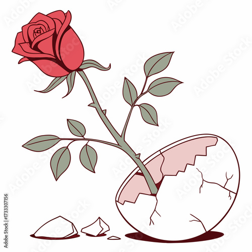 A vibrant red rose emerges from a cracked white eggshell symbolizing new beginnings and growth in a delicate and artistic illustration