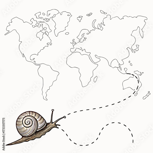 A whimsical snail embarks on a slow but determined journey across the world map leaving a dotted line path behind it