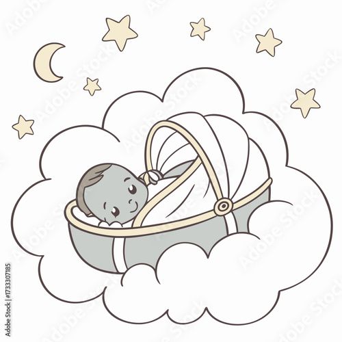 Adorable baby sleeping peacefully in a cradle floating on a fluffy cloud surrounded by stars and a crescent moon