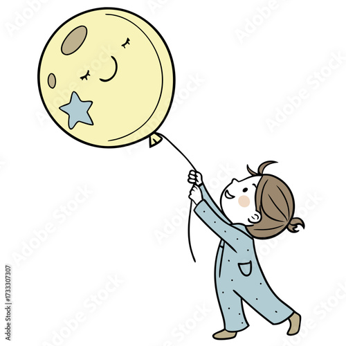 Cute cartoon child in pajamas holding a yellow balloon with a smiling moon face and a star on a white background