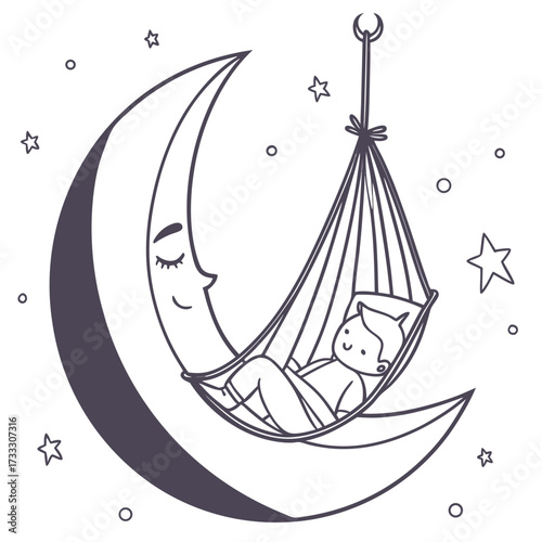 Cute cartoon boy sleeping peacefully in a hammock suspended from a crescent moon surrounded by stars and circles