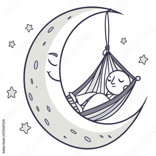 Cute cartoon baby sleeping peacefully in a hammock suspended from a smiling crescent moon surrounded by twinkling stars
