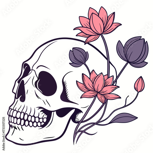 Artistic illustration of a human skull adorned with delicate pink and purple lotus flowers and leaves against a white background