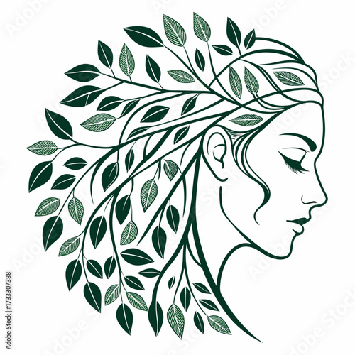 Elegant profile of a woman with her hair transformed into flowing branches adorned with lush green leaves symbolizing nature and beauty