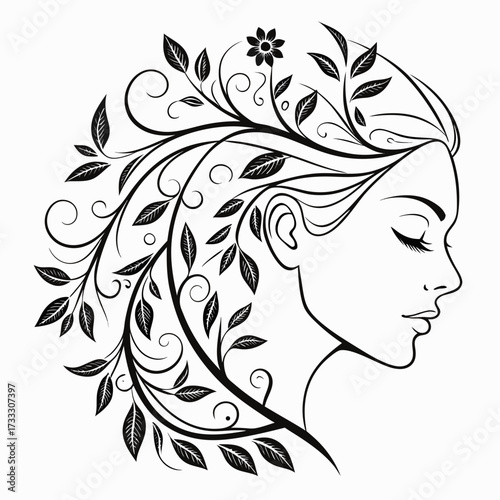 Elegant profile of a woman with her hair transforming into a flowing vine with leaves and a single flower
