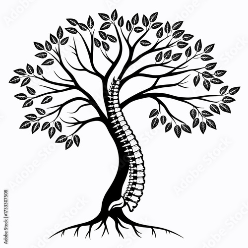 Stylized black and white illustration of a tree with a human spine forming its trunk and branches adorned with leaves