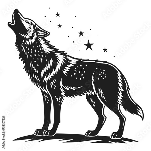 Stylized black silhouette of a wolf howling at a starry night sky with celestial elements and a dramatic aura