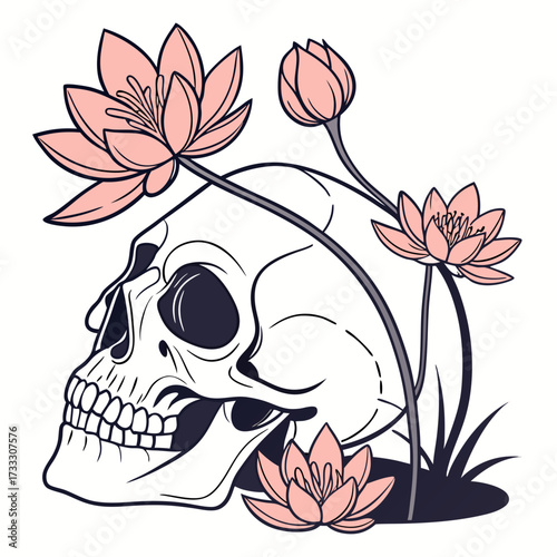 Stylized illustration of a human skull adorned with delicate pink lotus flowers and green leaves on a white background