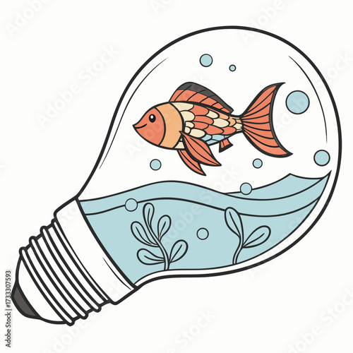 Whimsical cartoon goldfish swimming inside a clear glass light bulb filled with blue water and aquatic plants