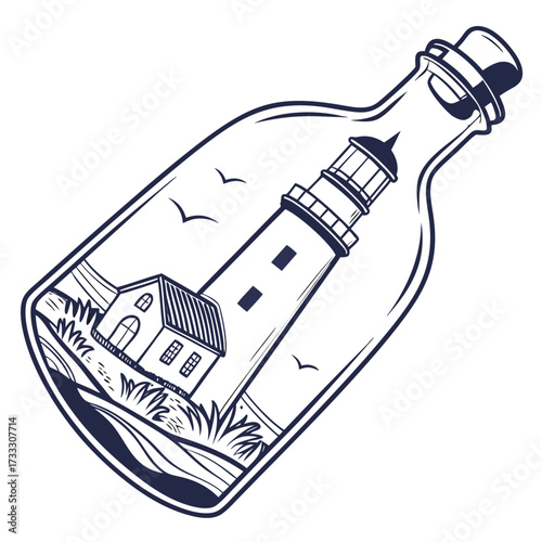 Whimsical lighthouse and house illustration encased in a glass bottle with seagulls flying overhead