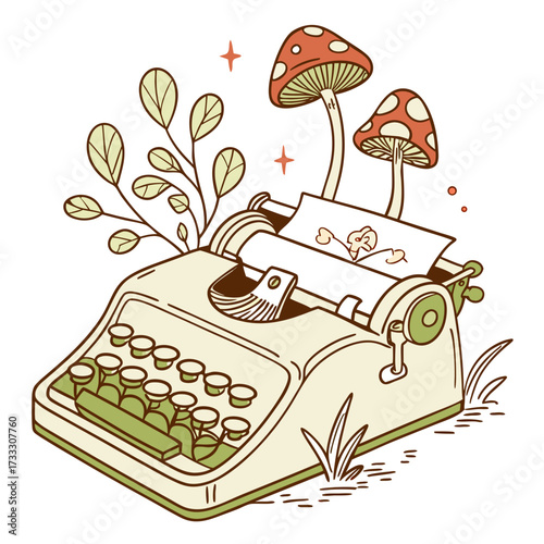 Whimsical vintage typewriter with growing plants and magical mushrooms emerging from the paper roll