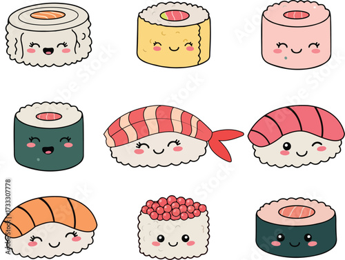 9 Adorable Kawaii Sushi and Maki Roll Characters | Cute Food Vector Clip Art Pack