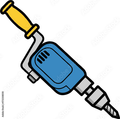 Cartoon Hand Drill with Yellow Handle and Blue Body, Angled View