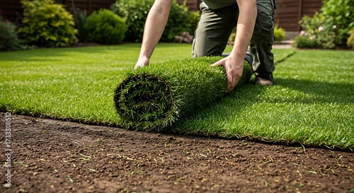 Man laying fresh green turf roll in garden outdoor landscape