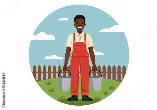 Smiling Black man in red overalls holding two buckets in a sunny garden with a wooden fence and green grass.