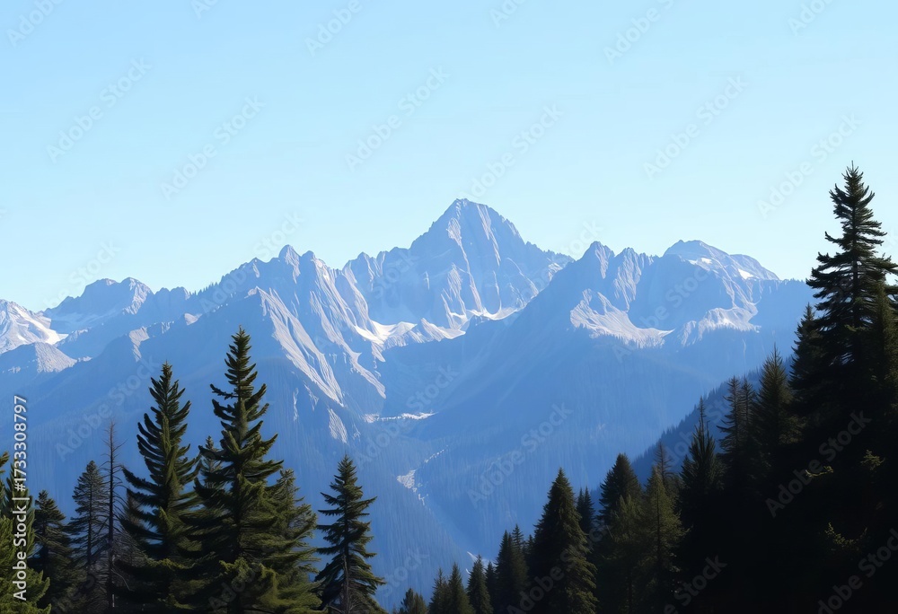 Fototapeta premium Majestic mountain range, towering pines, clear blue sky, sun, blue