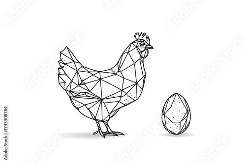 Geometric line art illustration of a chicken standing next to a geometric line art egg on white