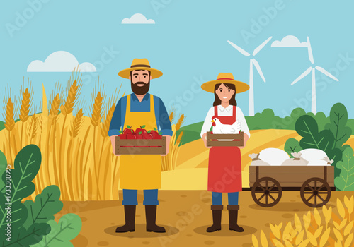 Farmers with produce in a field with wind turbines in the background.