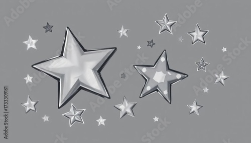 Whimsical, unevenly sized stars drawn in charcoal, varying shades of gray, vector, dreamy