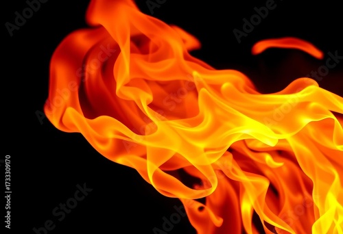 Intense orange and yellow flames dancing against a black background ,  heat,  image